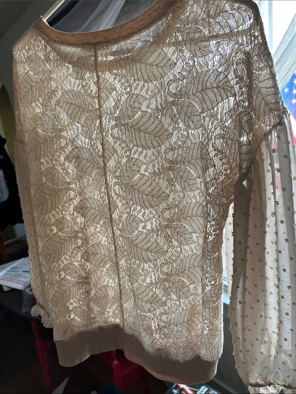 Mystree Lace Front & Sheer Dobby Sleeve Sweatshirt in Light Beige - Picture 2 of 7
